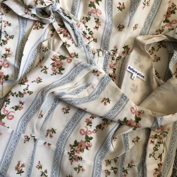 Reformation Twilight Midi Dress Sz4 Surrey Blue Cream Floral Stripes Cocktail - Picture 7 of 9